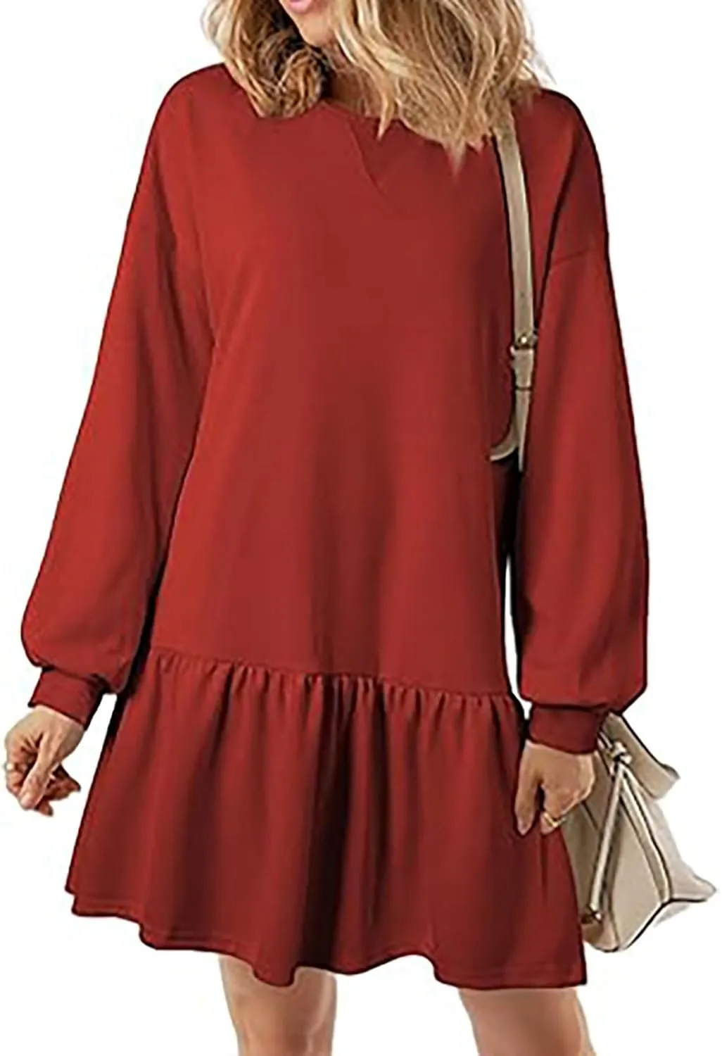 Womens Crewneck Long Sleeve Fall Dresses 2024 Trendy Mini Ruffle Skirts Casual Loose Patchwork Sweatshirt Pullover Tops