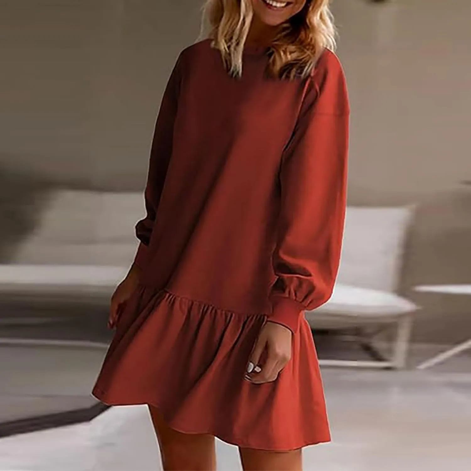 Womens Crewneck Long Sleeve Fall Dresses 2024 Trendy Mini Ruffle Skirts Casual Loose Patchwork Sweatshirt Pullover Tops