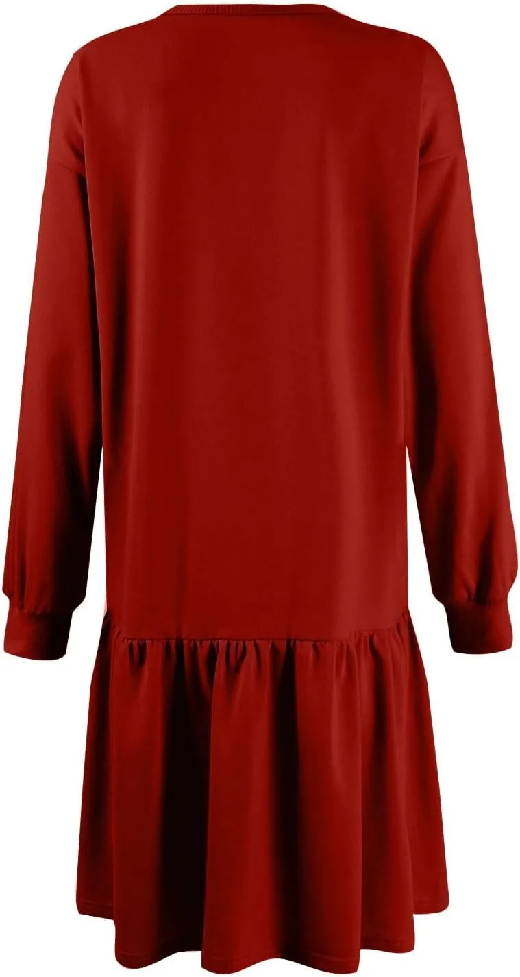 Womens Crewneck Long Sleeve Fall Dresses 2024 Trendy Mini Ruffle Skirts Casual Loose Patchwork Sweatshirt Pullover Tops