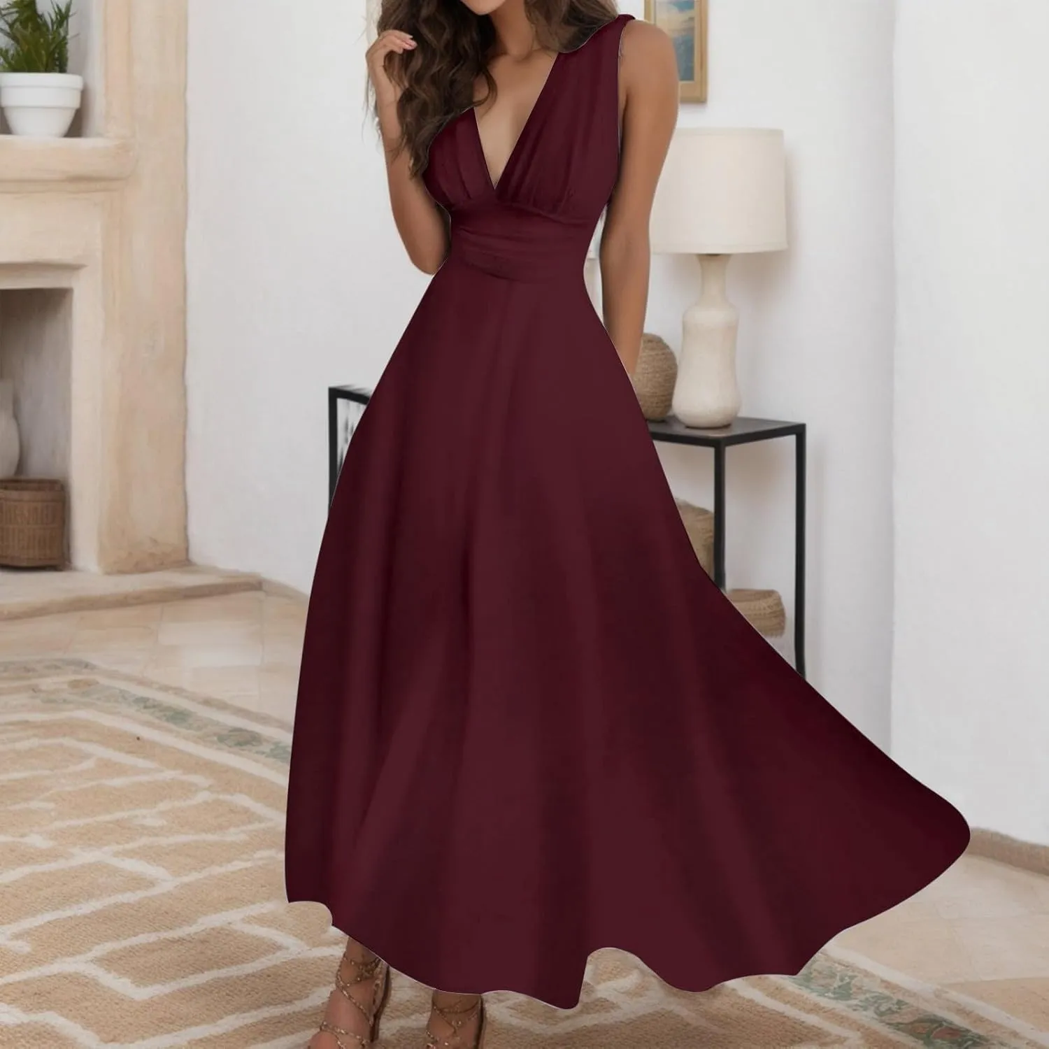 Women's Deep V Neck Prom Dresses Maxi Dress Summer Beach Vacation A Line Formal Evening Gowns Ladies Sundresses