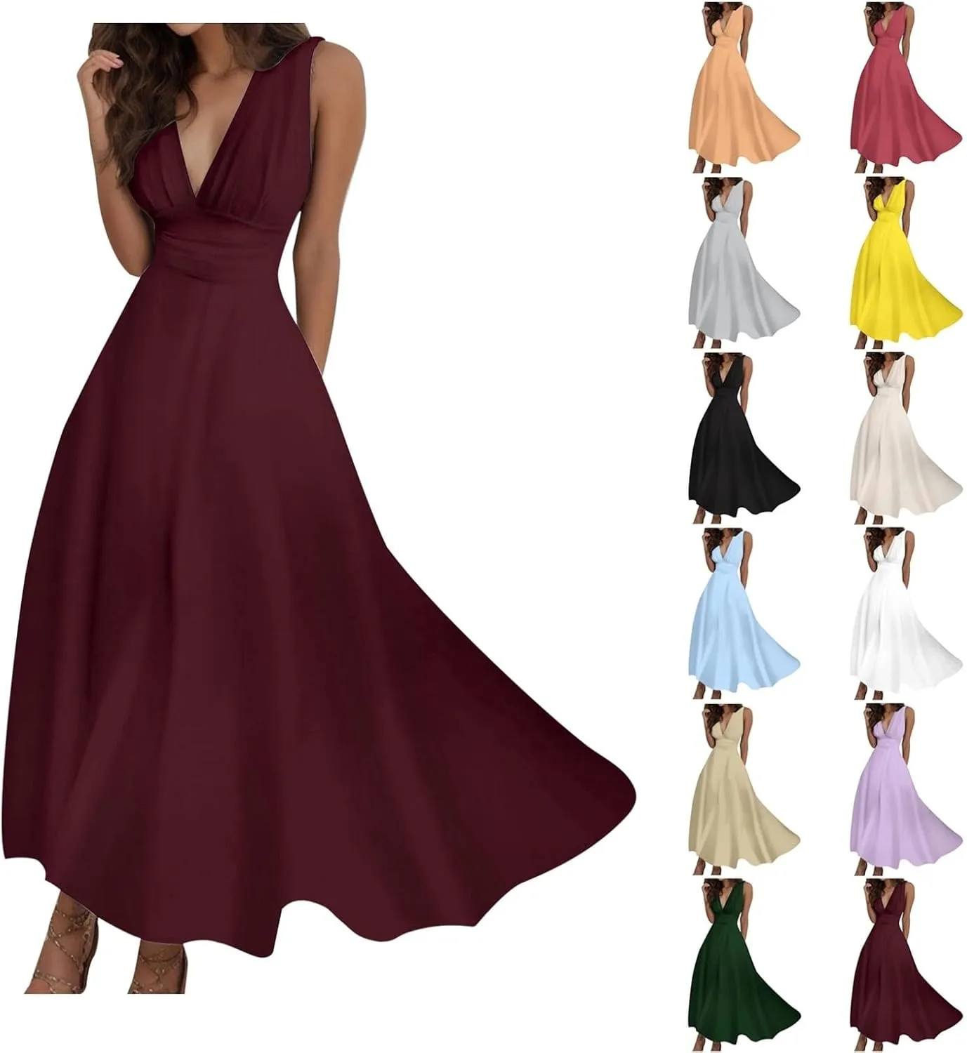 Women's Deep V Neck Prom Dresses Maxi Dress Summer Beach Vacation A Line Formal Evening Gowns Ladies Sundresses