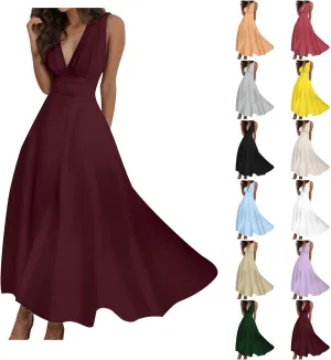 Women's Deep V Neck Prom Dresses Maxi Dress Summer Beach Vacation A Line Formal Evening Gowns Ladies Sundresses