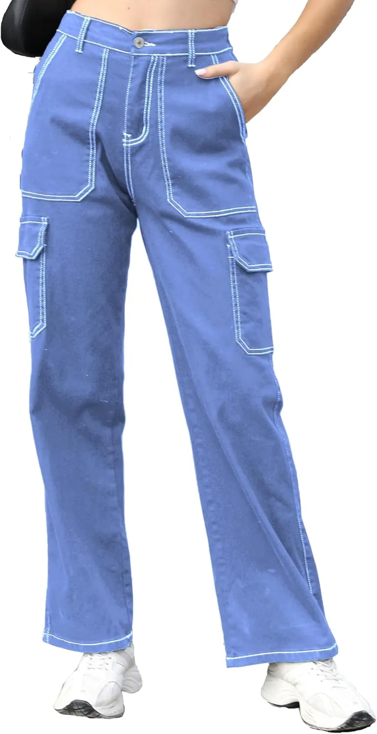Womens Denim Cargo Pants Flap Pocket High Waisted Stretchy Straight Wide Leg Jeans