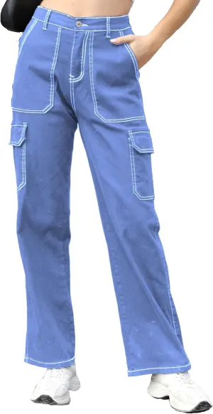 Womens Denim Cargo Pants Flap Pocket High Waisted Stretchy Straight Wide Leg Jeans