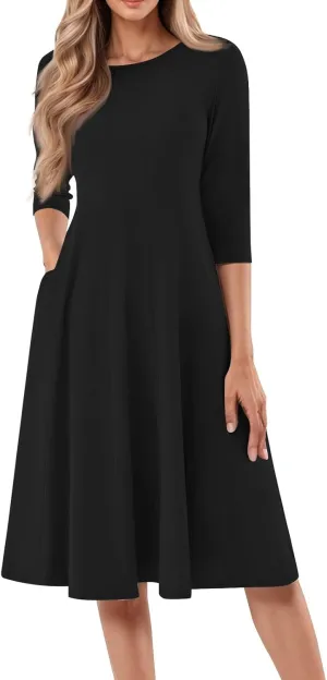 Womens Dress 3/4 Sleeve Summer Wrap Dress Plus Size Solid Plain Pleated Midi Dresses Spring Crewneck Dresses with Pocket