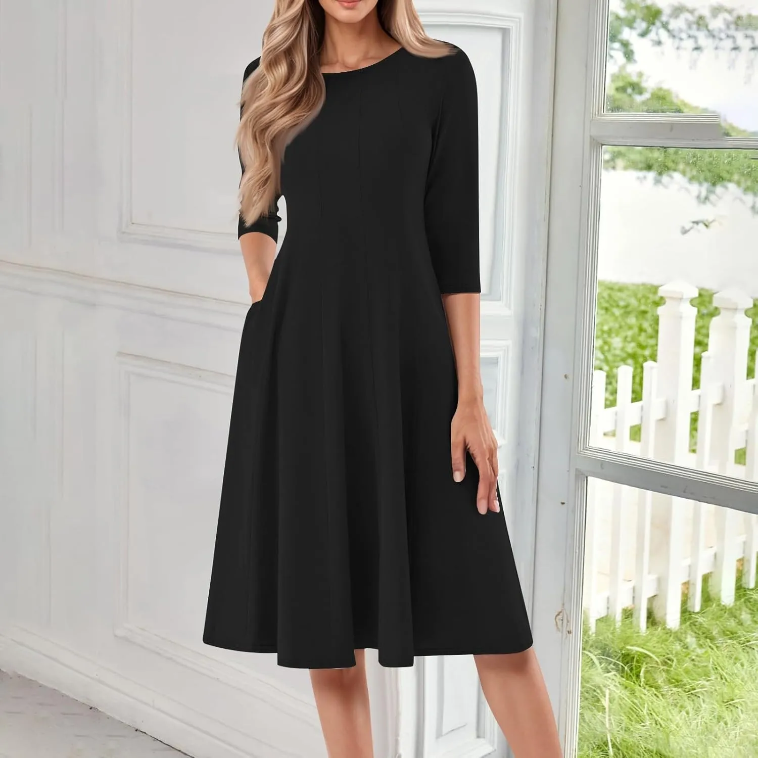 Womens Dress 3/4 Sleeve Summer Wrap Dress Plus Size Solid Plain Pleated Midi Dresses Spring Crewneck Dresses with Pocket