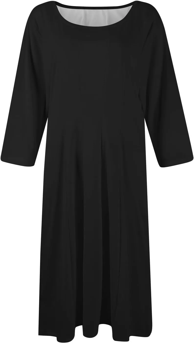 Womens Dress 3/4 Sleeve Summer Wrap Dress Plus Size Solid Plain Pleated Midi Dresses Spring Crewneck Dresses with Pocket