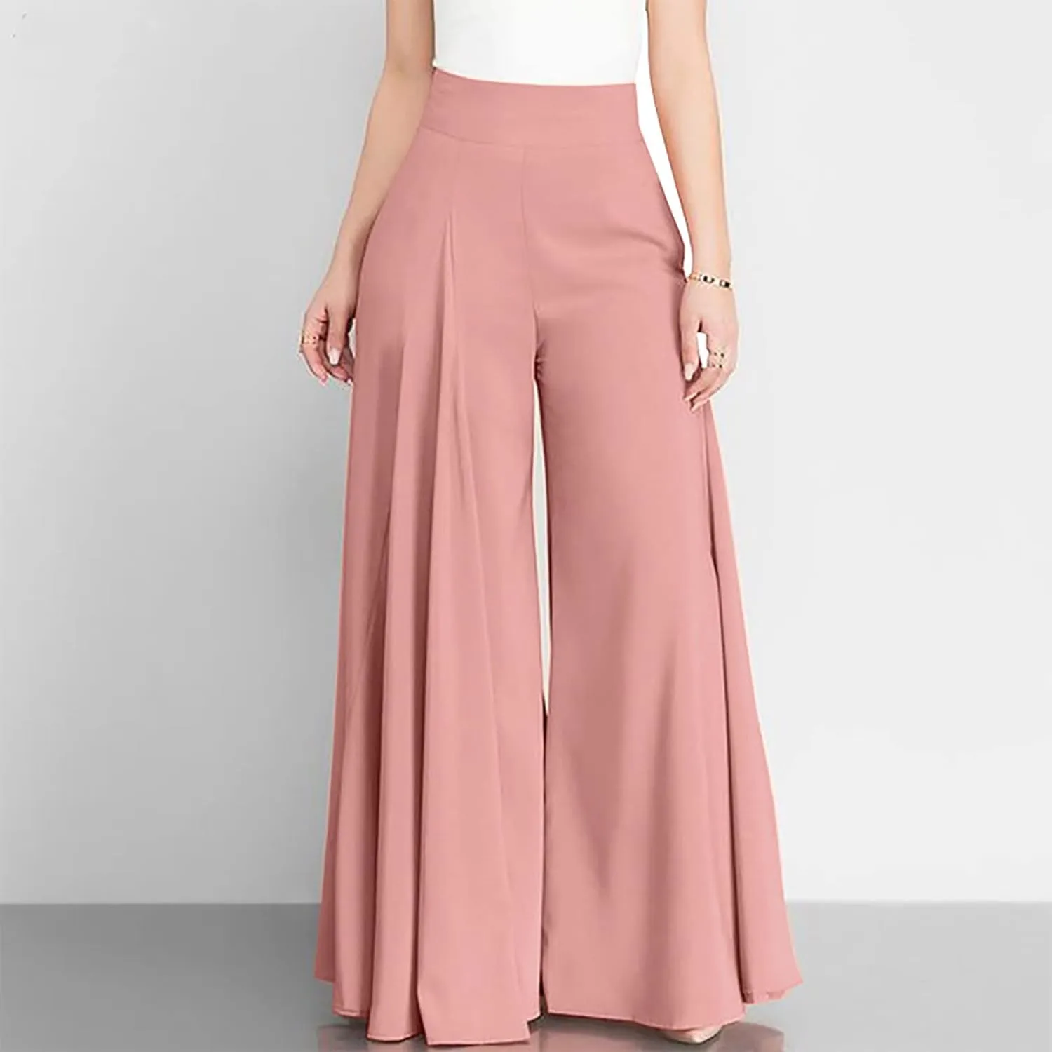 Womens Dressy Wide Leg Pants Elastic High Waist Flowy Baggy Bottom Trousers Ladies Elegant Long Lounge Palazzo Pants