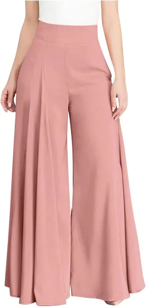 Womens Dressy Wide Leg Pants Elastic High Waist Flowy Baggy Bottom Trousers Ladies Elegant Long Lounge Palazzo Pants