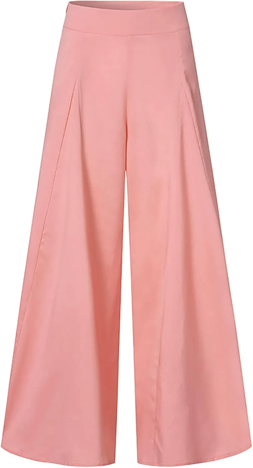 Womens Dressy Wide Leg Pants Elastic High Waist Flowy Baggy Bottom Trousers Ladies Elegant Long Lounge Palazzo Pants