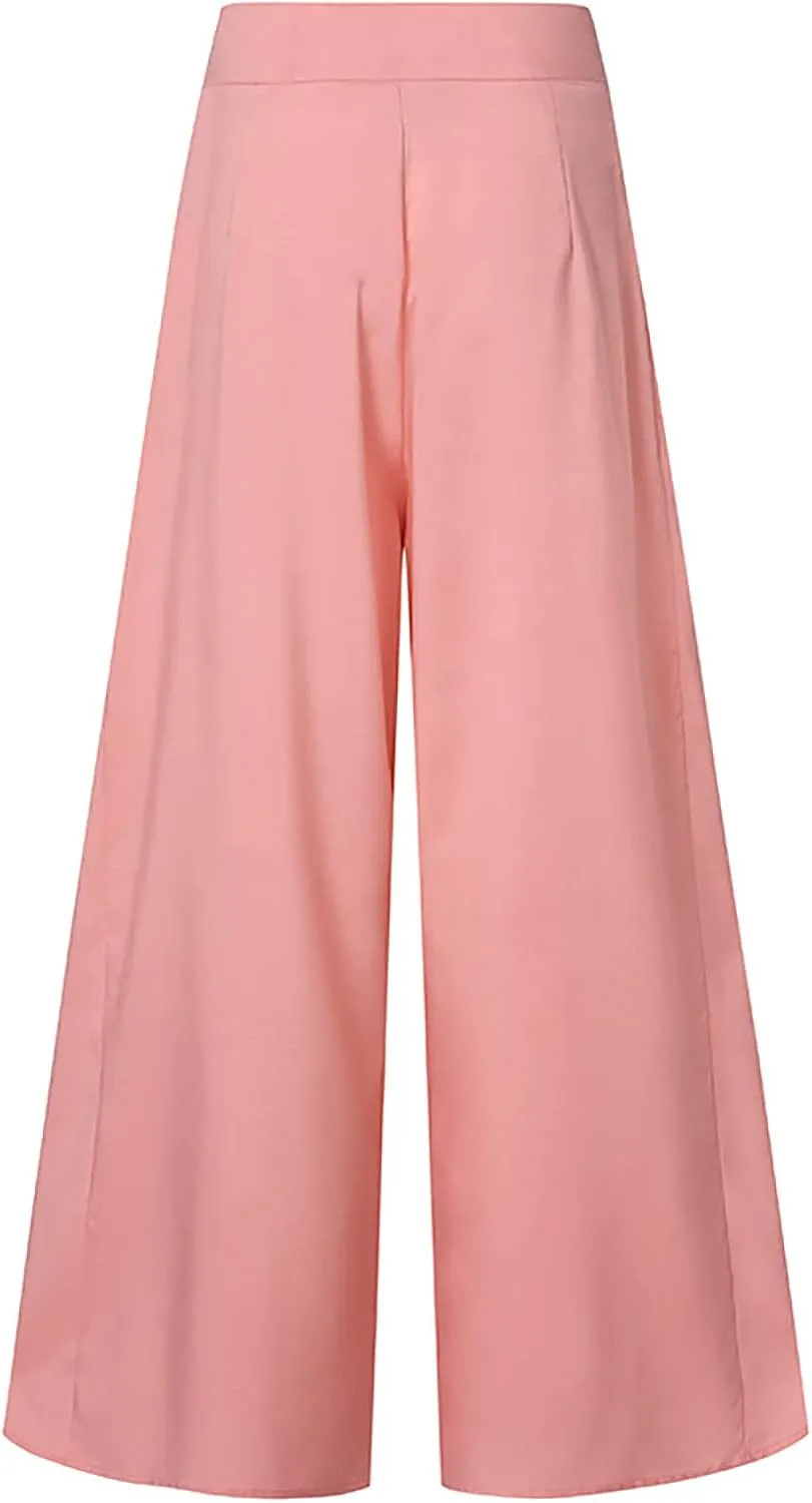 Womens Dressy Wide Leg Pants Elastic High Waist Flowy Baggy Bottom Trousers Ladies Elegant Long Lounge Palazzo Pants