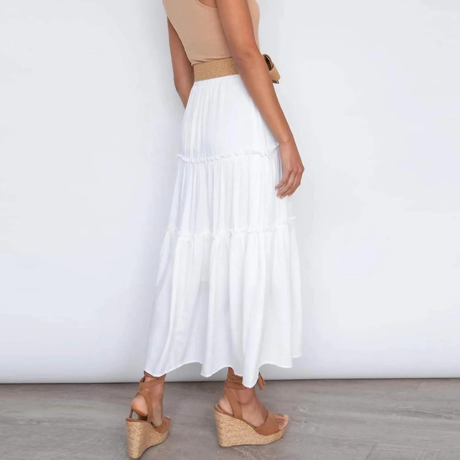 Womens Elastic High Waist Boho Maxi Skirt Ruffle A Line Swing Long Skirts Pleated Skirt for Women