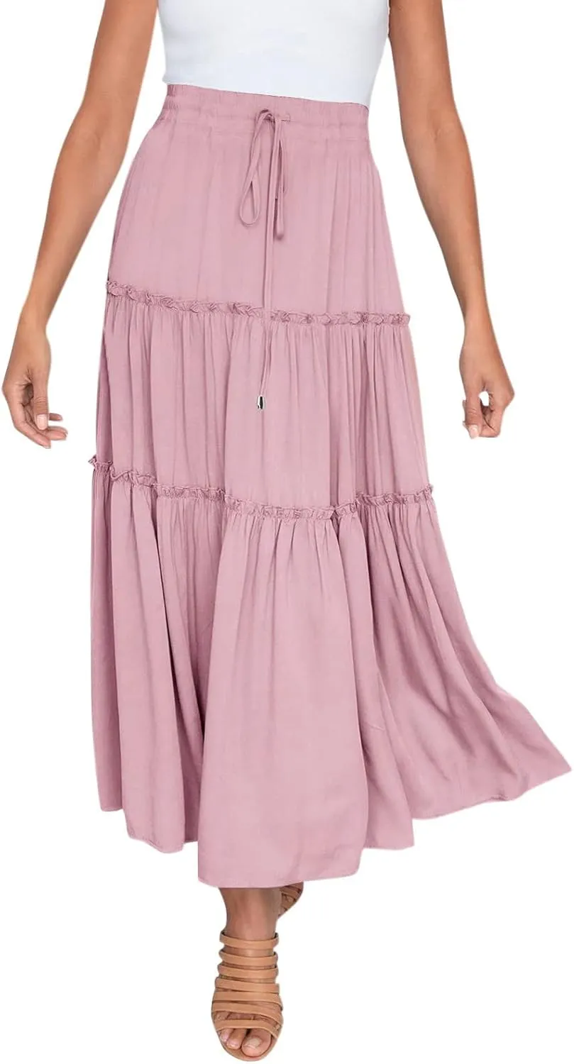 Womens Elastic High Waist Boho Maxi Skirt Ruffle A Line Swing Long Skirts Pleated Skirt for Women