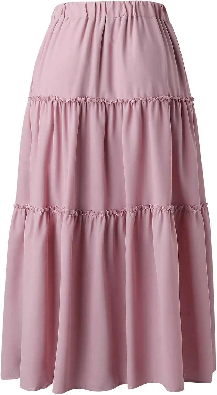 Womens Elastic High Waist Boho Maxi Skirt Ruffle A Line Swing Long Skirts Pleated Skirt for Women