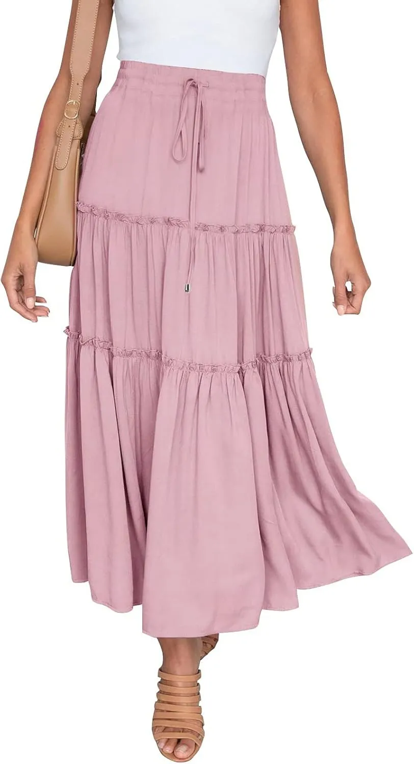 Womens Elastic High Waist Boho Maxi Skirt Ruffle A Line Swing Long Skirts Pleated Skirt for Women