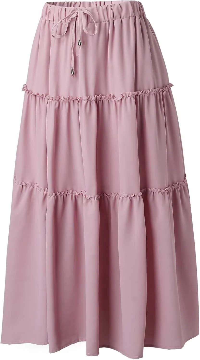 Womens Elastic High Waist Boho Maxi Skirt Ruffle A Line Swing Long Skirts Pleated Skirt for Women