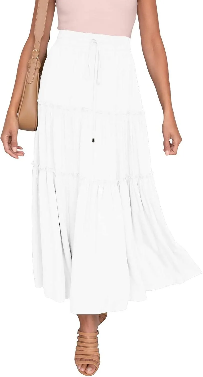 Womens Elastic High Waist Boho Maxi Skirt Ruffle A Line Swing Long Skirts Pleated Skirt for Women
