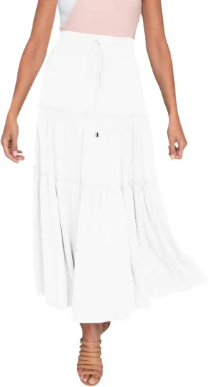Womens Elastic High Waist Boho Maxi Skirt Ruffle A Line Swing Long Skirts Pleated Skirt for Women