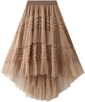 Women's Elastic High Waist Patchwork Mesh Skirt Spring Solid Color Petticoat Tulle Pleated Skirt