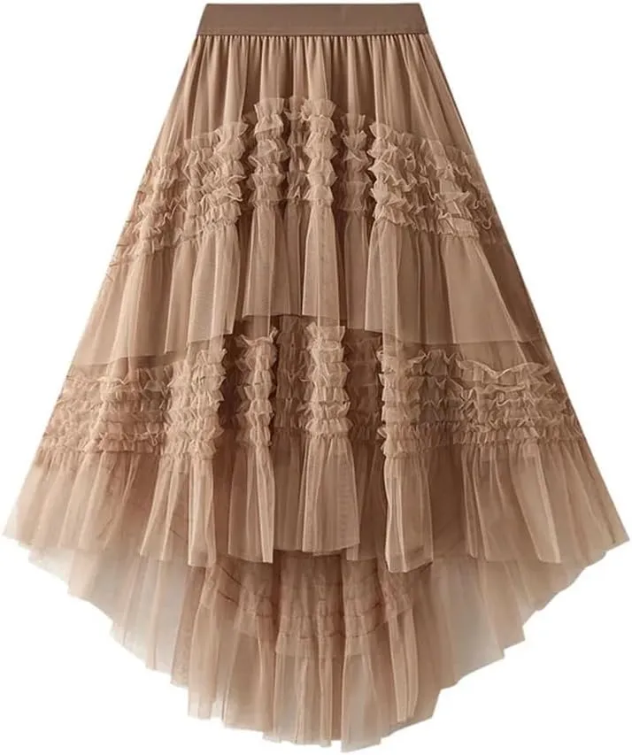 Women's Elastic High Waist Patchwork Mesh Skirt Spring Solid Color Petticoat Tulle Pleated Skirt