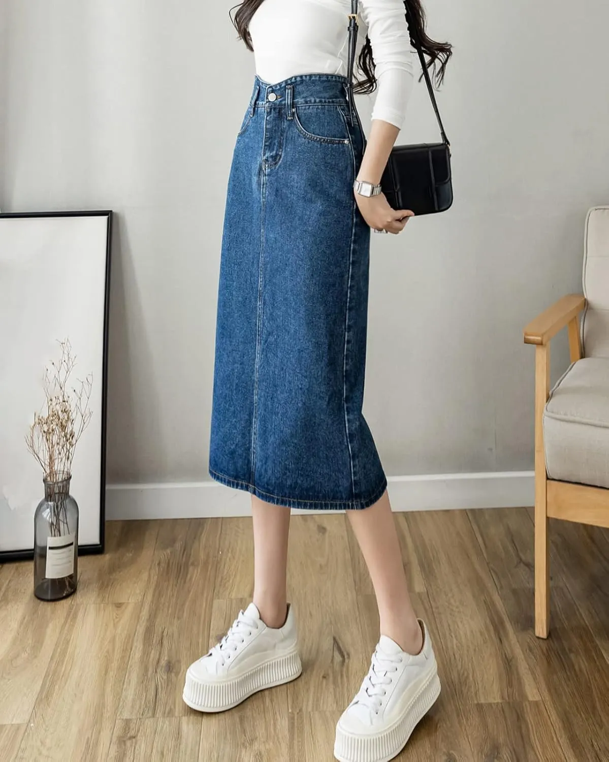 Women's Fashion High Waisted Denim Skirt Ladies Casual Straight Long Jeans Skirt