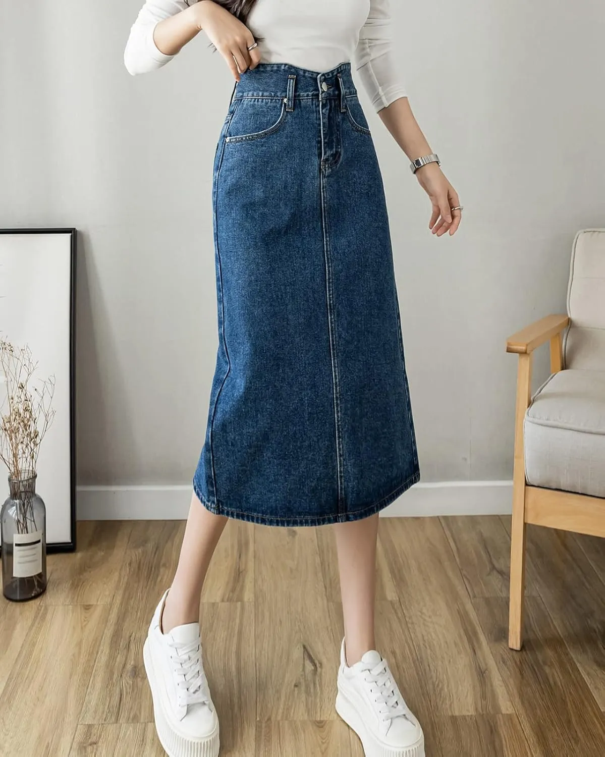Women's Fashion High Waisted Denim Skirt Ladies Casual Straight Long Jeans Skirt
