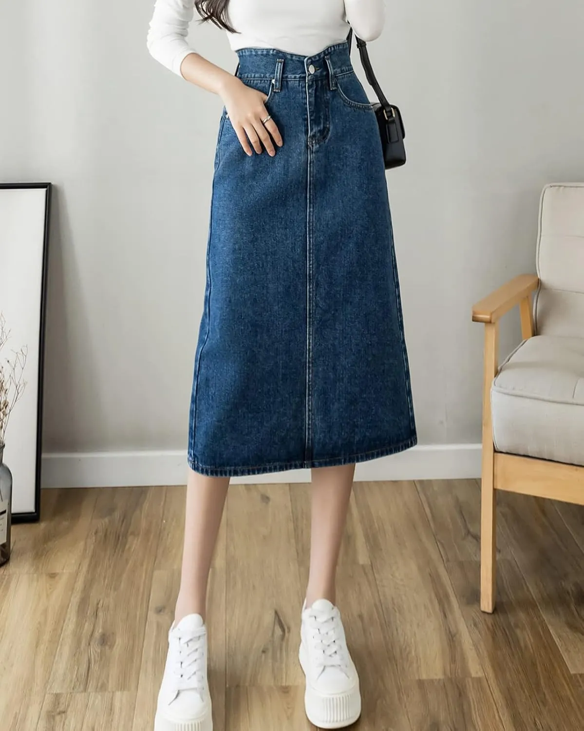 Women's Fashion High Waisted Denim Skirt Ladies Casual Straight Long Jeans Skirt