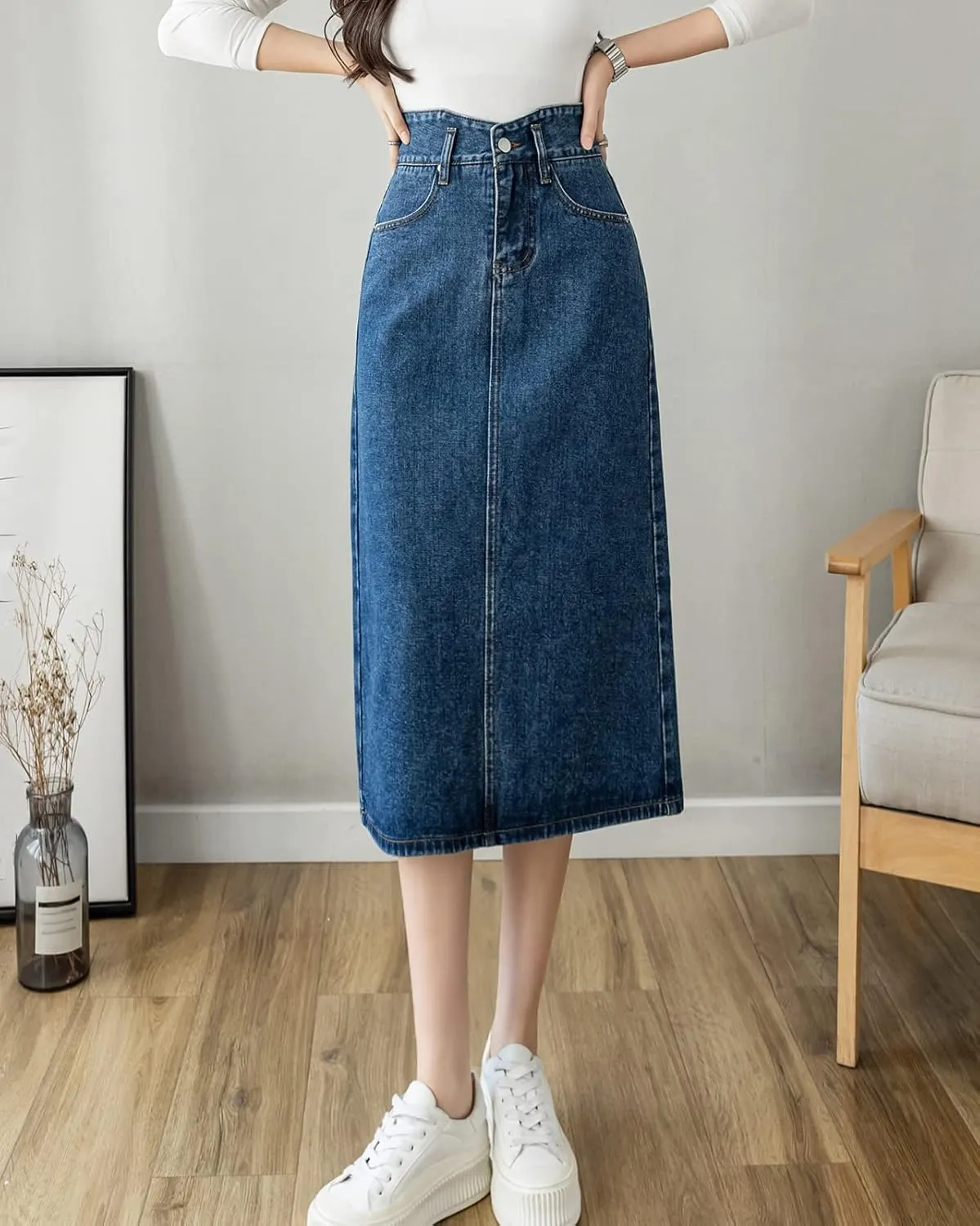 Women's Fashion High Waisted Denim Skirt Ladies Casual Straight Long Jeans Skirt