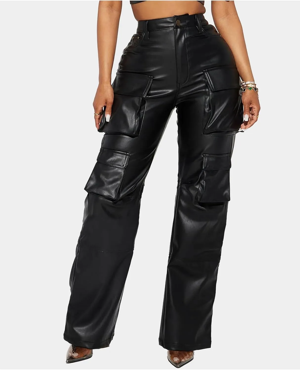 Women's Faux Leather Cargo Pants Baggy High Waist Wide Leg Y2K Trousers with 6 Pockets