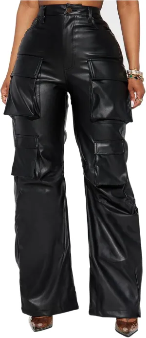 Women's Faux Leather Cargo Pants Baggy High Waist Wide Leg Y2K Trousers with 6 Pockets