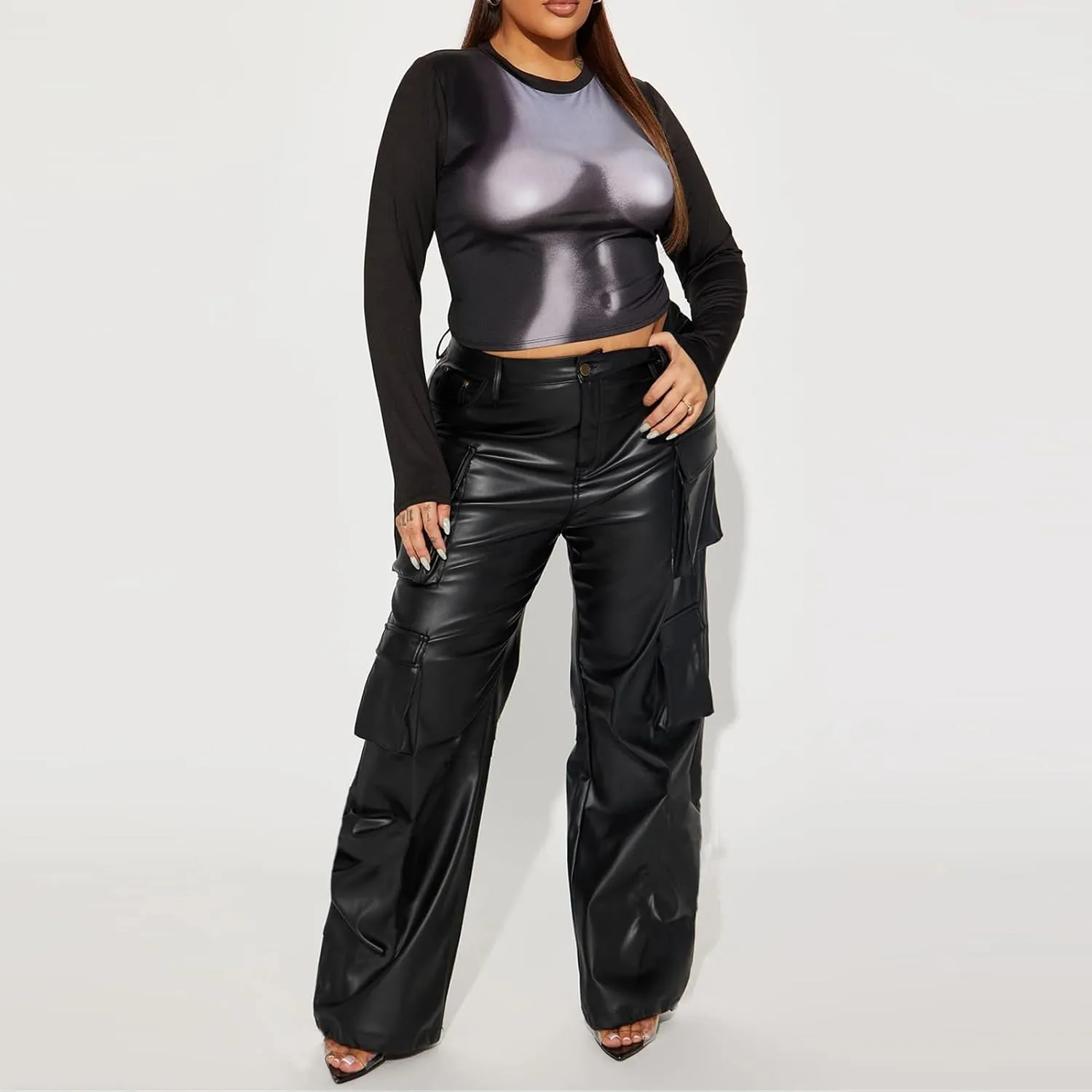 Women's Faux Leather Cargo Pants Baggy High Waist Wide Leg Y2K Trousers with 6 Pockets