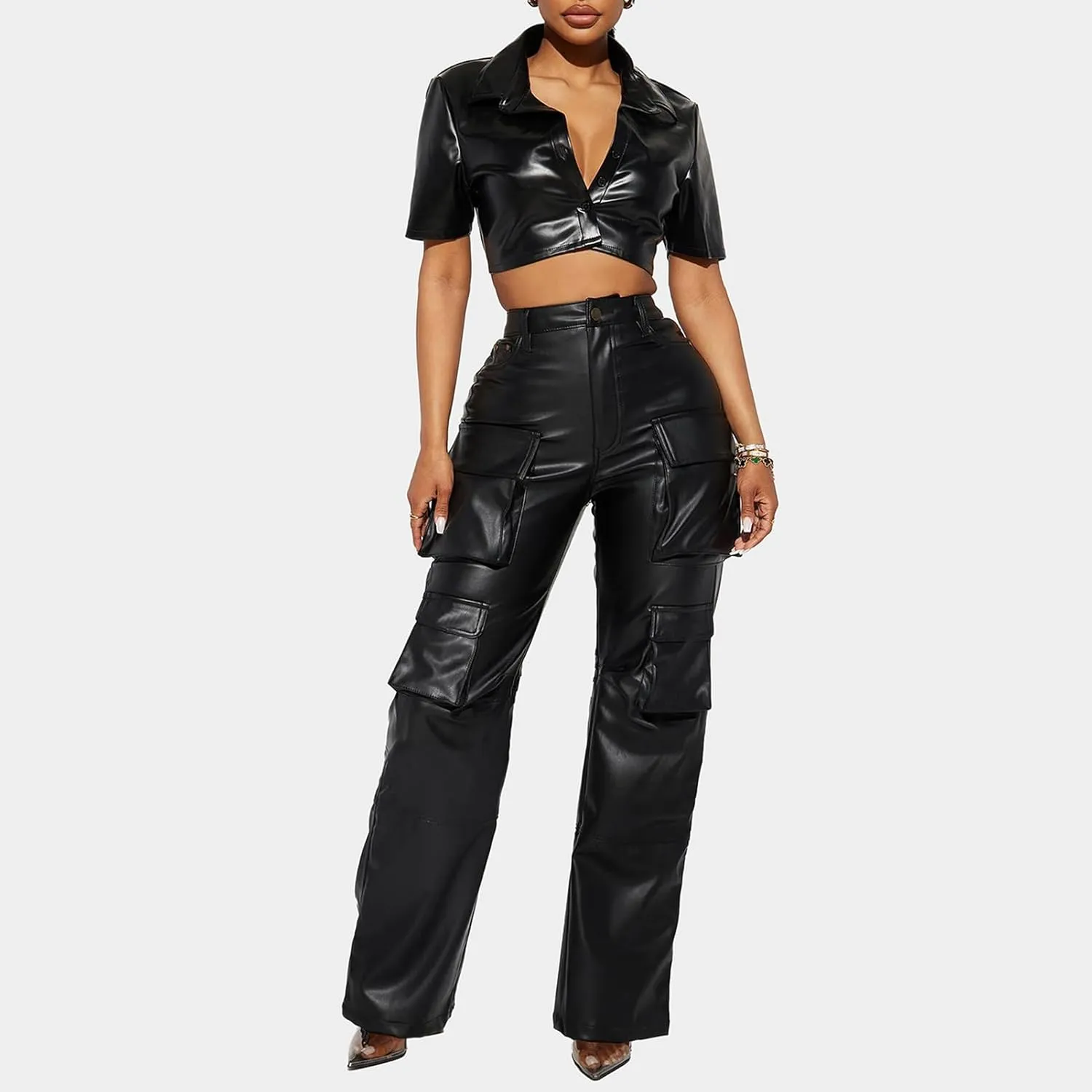 Women's Faux Leather Cargo Pants Baggy High Waist Wide Leg Y2K Trousers with 6 Pockets