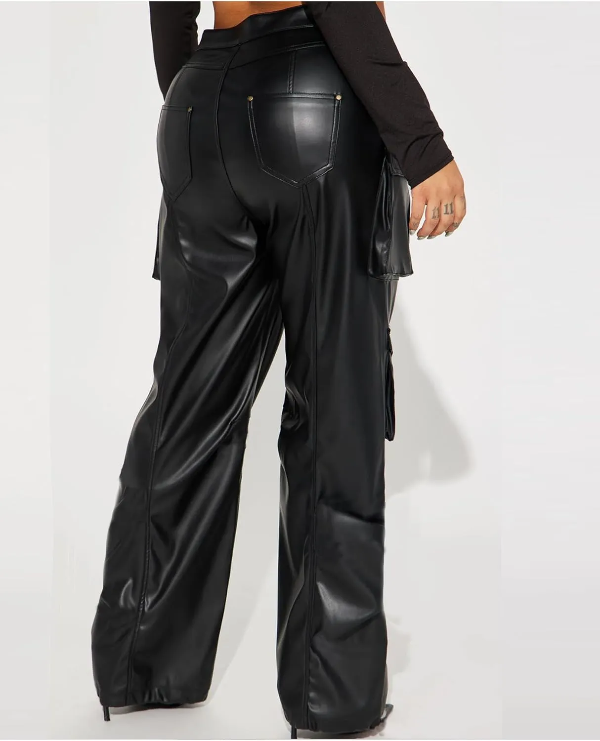 Women's Faux Leather Cargo Pants Baggy High Waist Wide Leg Y2K Trousers with 6 Pockets