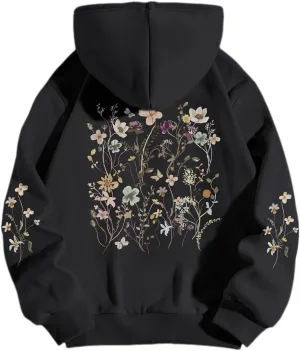 Women's Floral Printed Hoodies Vintage Aesthetic Flower Graphic Sweatshirt Cute Boho Fleece Thermal Hoodie Pullover