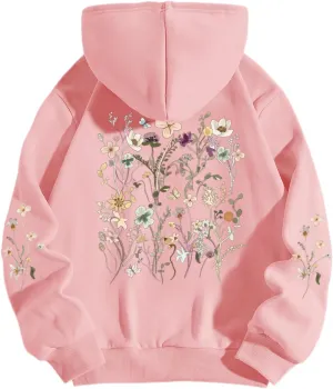 Women's Floral Printed Hoodies Vintage Aesthetic Flower Graphic Sweatshirt Cute Boho Fleece Thermal Hoodie Pullover