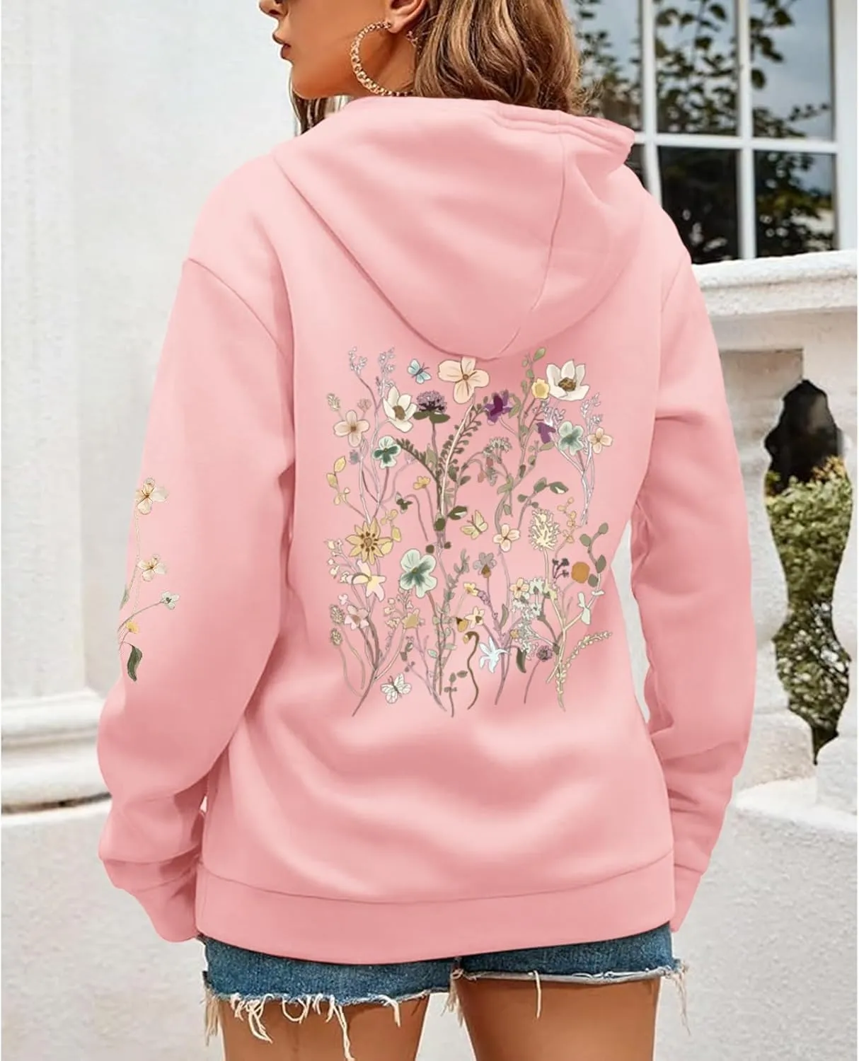 Women's Floral Printed Hoodies Vintage Aesthetic Flower Graphic Sweatshirt Cute Boho Fleece Thermal Hoodie Pullover