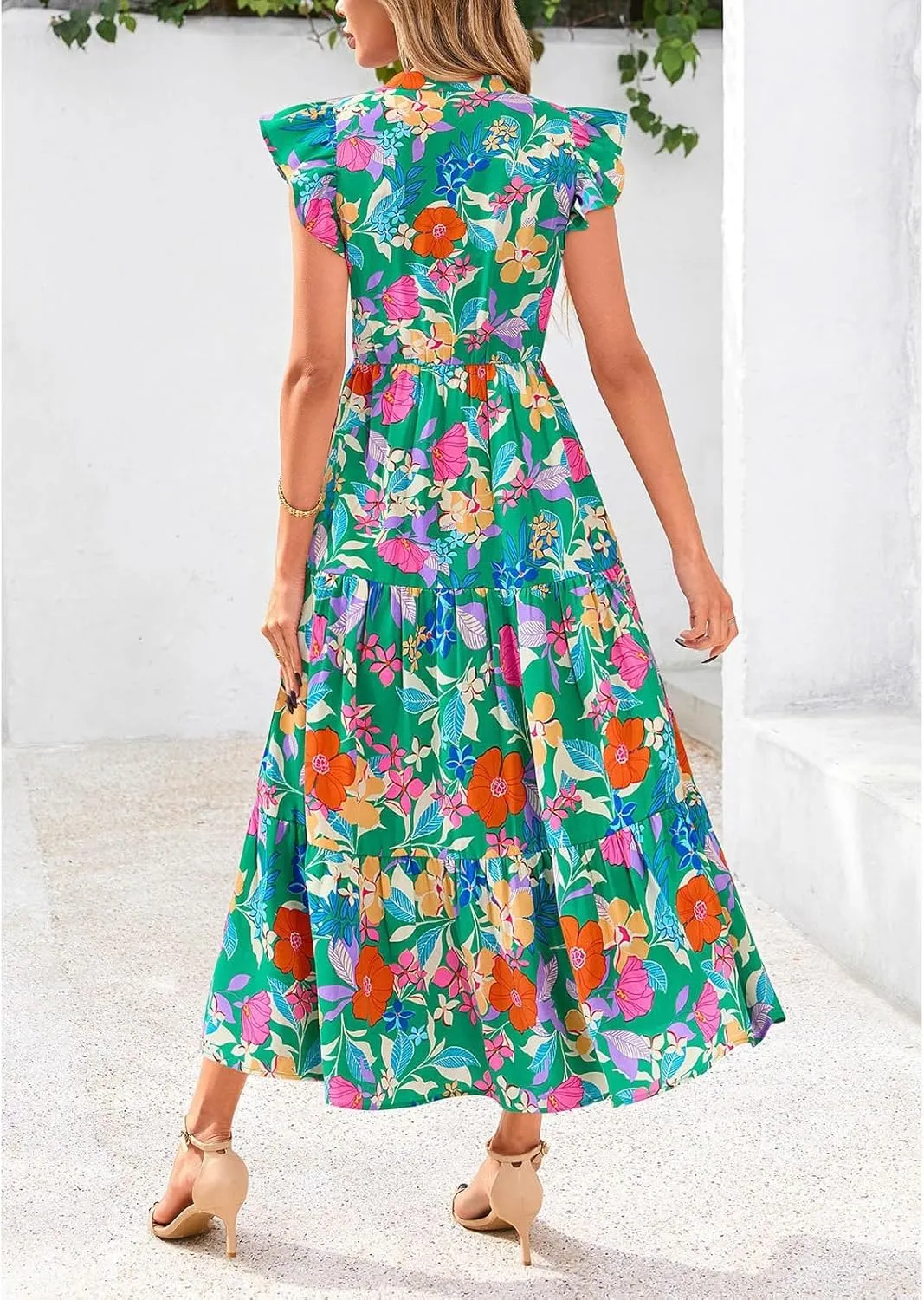 Women's Floral Wrap V-Neck Midi Dress Short Sleeve Boho Summer Beach Long Dress High Low Hem Smocked Dress Women