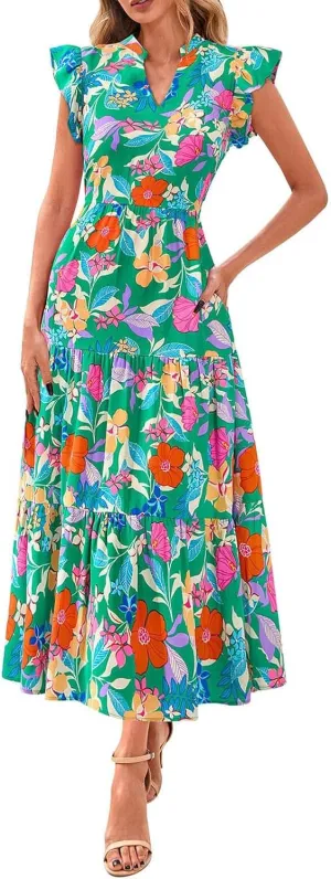 Women's Floral Wrap V-Neck Midi Dress Short Sleeve Boho Summer Beach Long Dress High Low Hem Smocked Dress Women