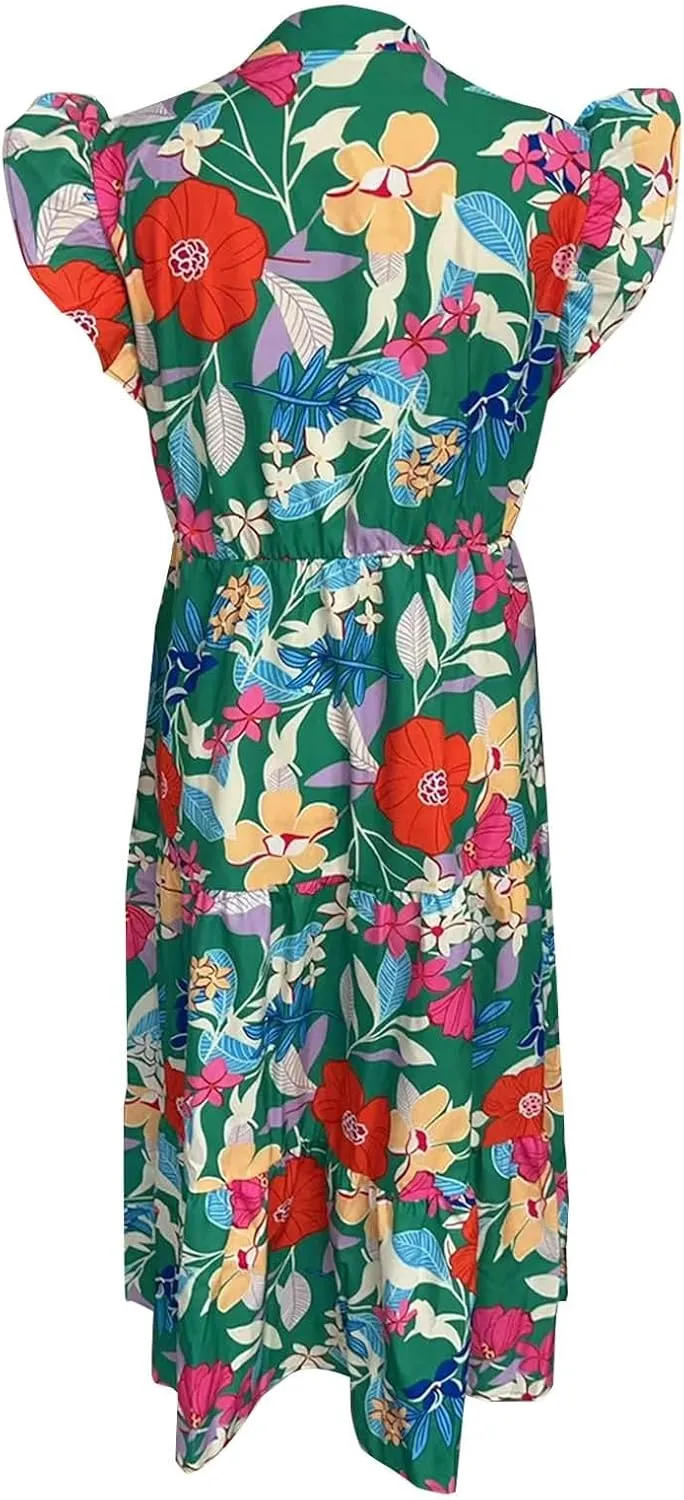 Women's Floral Wrap V-Neck Midi Dress Short Sleeve Boho Summer Beach Long Dress High Low Hem Smocked Dress Women