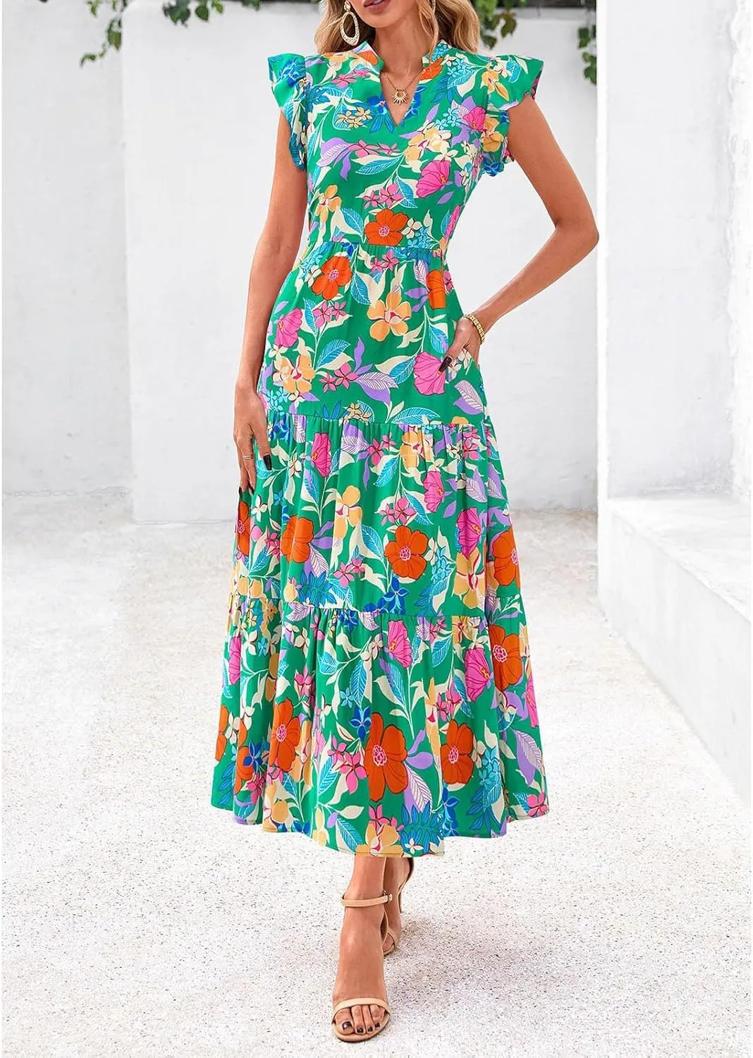 Women's Floral Wrap V-Neck Midi Dress Short Sleeve Boho Summer Beach Long Dress High Low Hem Smocked Dress Women