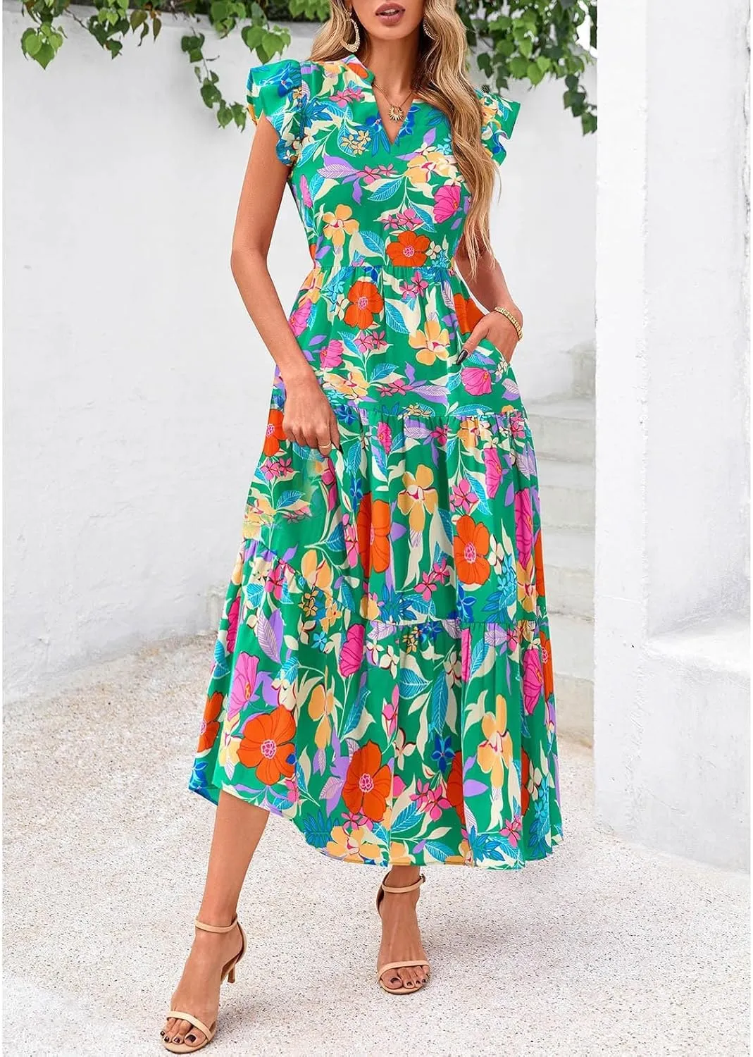 Women's Floral Wrap V-Neck Midi Dress Short Sleeve Boho Summer Beach Long Dress High Low Hem Smocked Dress Women