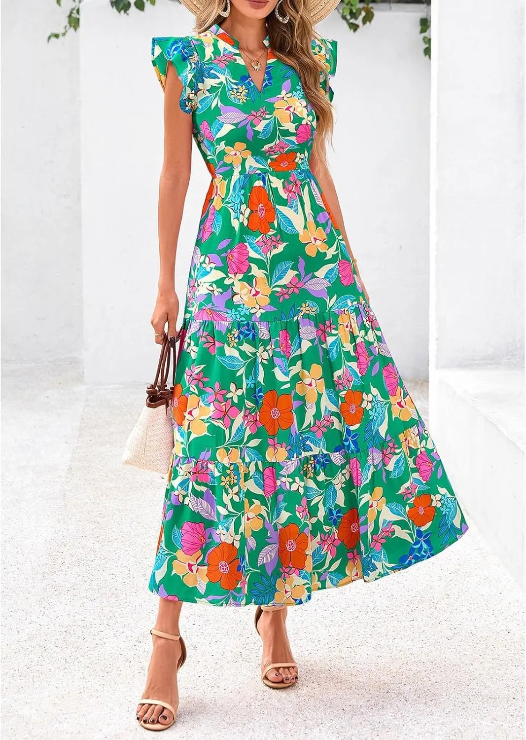 Women's Floral Wrap V-Neck Midi Dress Short Sleeve Boho Summer Beach Long Dress High Low Hem Smocked Dress Women