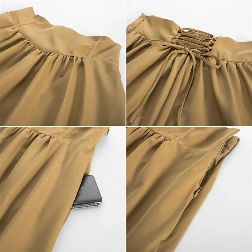 Women's High Waist A-Line Skirt Solid Color Retro Skirts Women Midi Casual Skirt