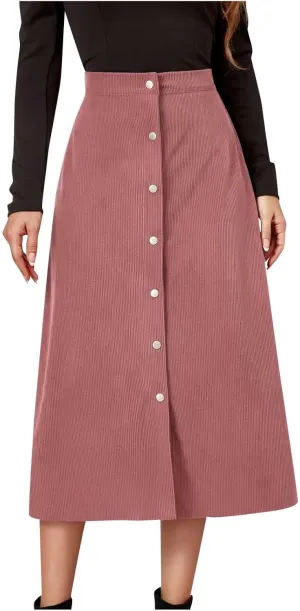 Women's High Waist Corduroy A-Line Skirts Button Down Business Work Office Skirt Casual A Line Trendy Dress