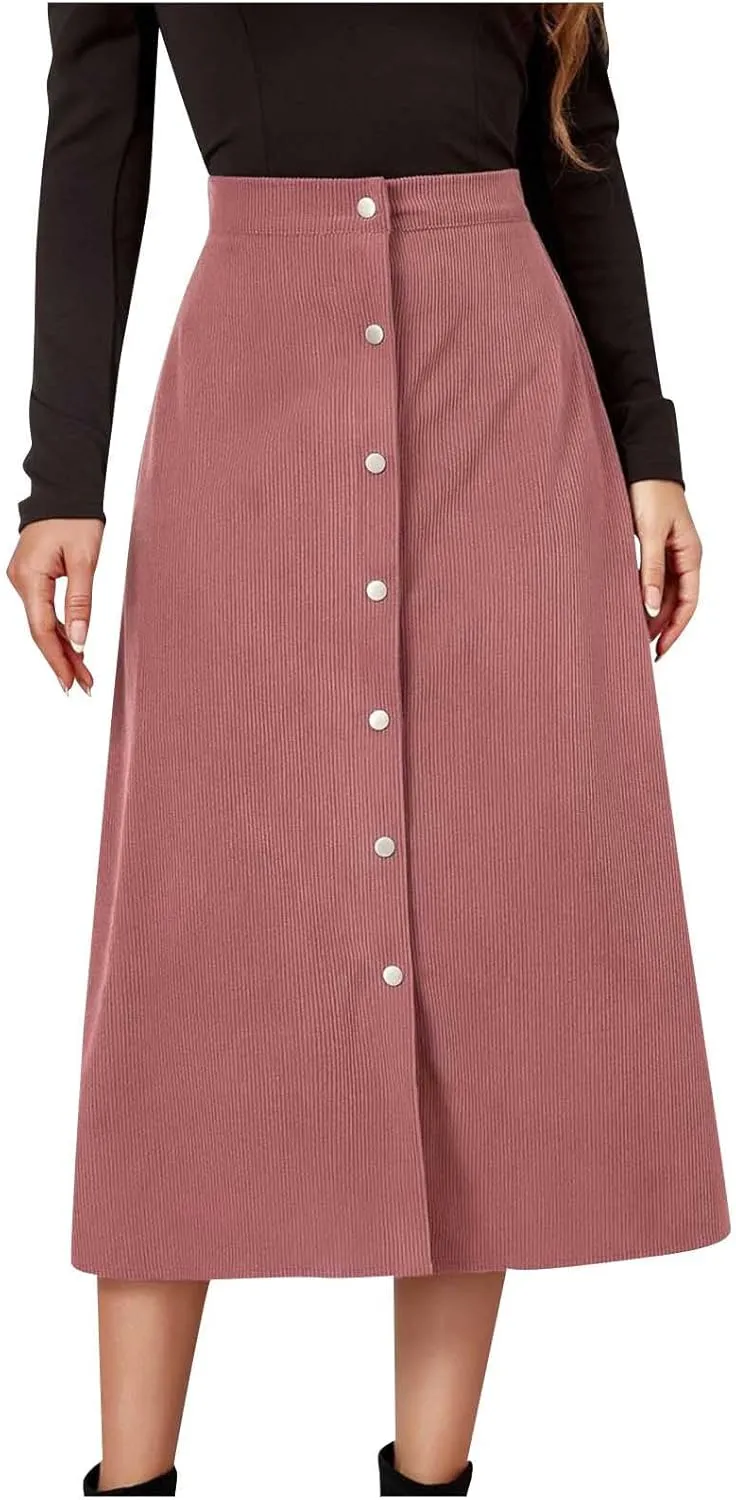Women's High Waist Corduroy A-Line Skirts Button Down Business Work Office Skirt Casual A Line Trendy Dress