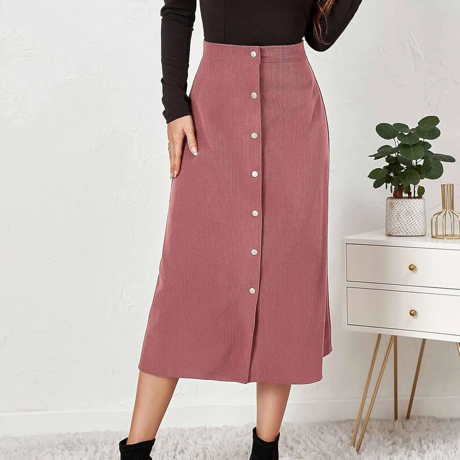 Women's High Waist Corduroy A-Line Skirts Button Down Business Work Office Skirt Casual A Line Trendy Dress