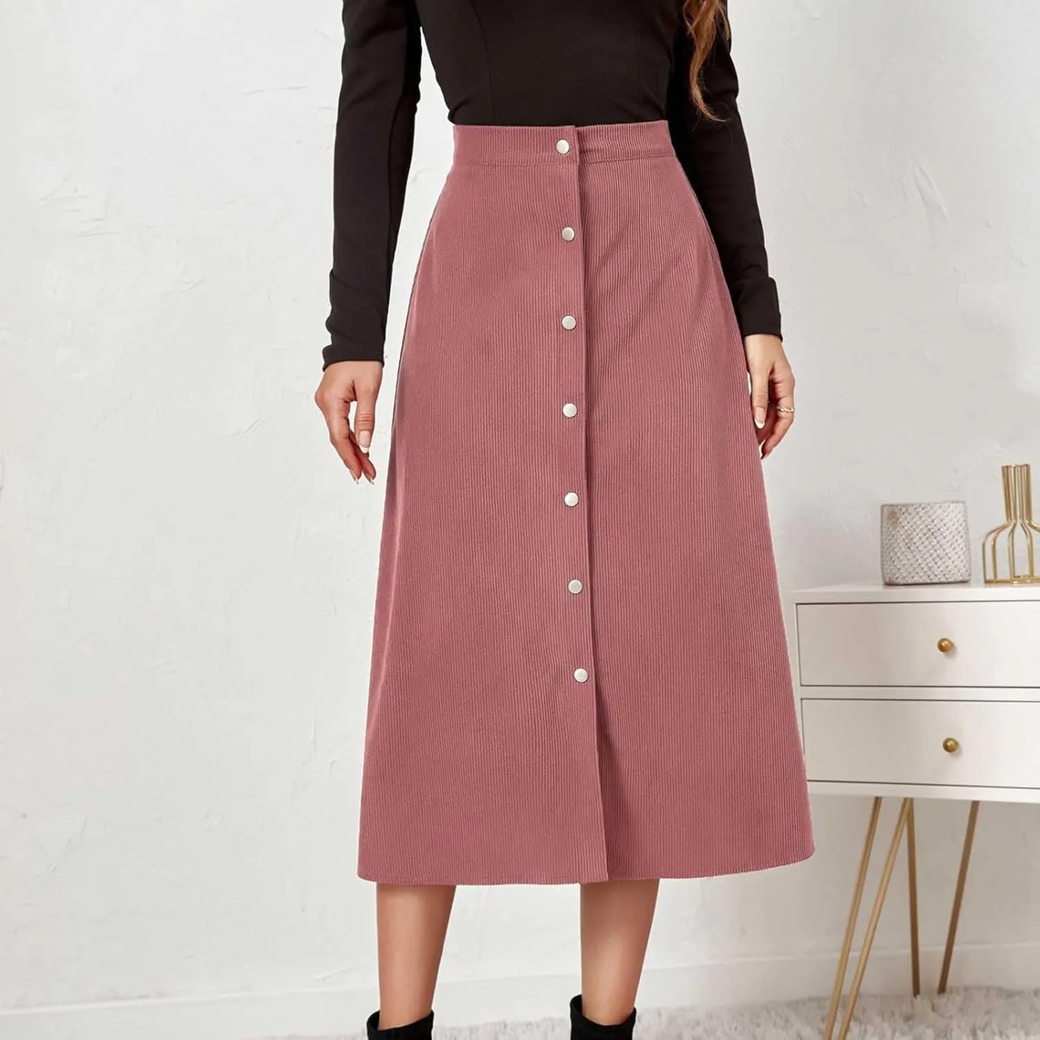 Women's High Waist Corduroy A-Line Skirts Button Down Business Work Office Skirt Casual A Line Trendy Dress