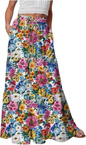 Womens High Waist Maxi Skirt Midi Swing Skirts Beach Vacation Cruise Outfits with Pockets