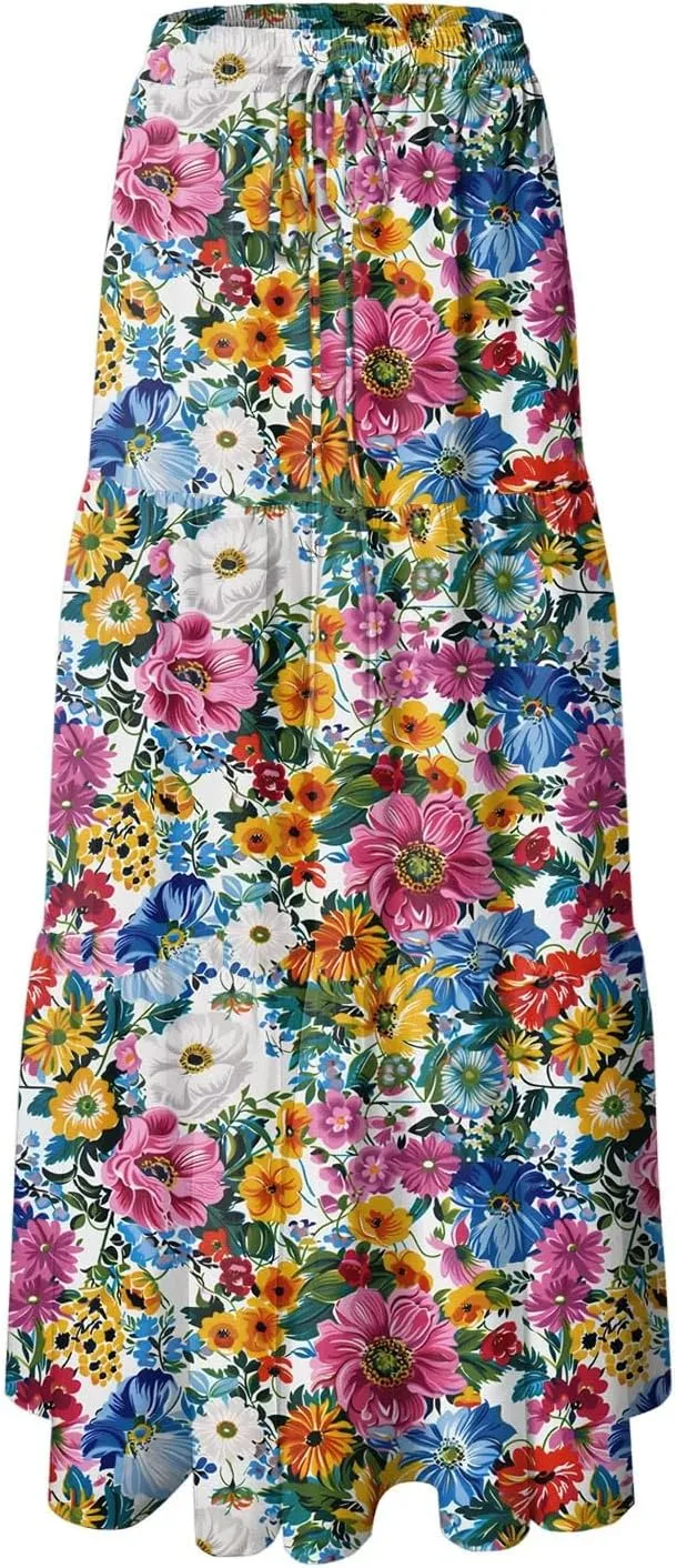 Womens High Waist Maxi Skirt Midi Swing Skirts Beach Vacation Cruise Outfits with Pockets