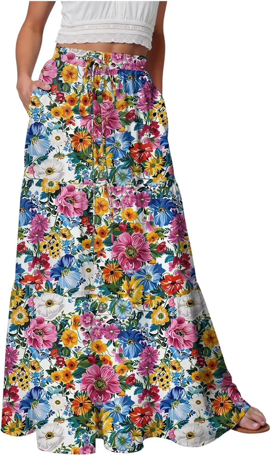 Womens High Waist Maxi Skirt Midi Swing Skirts Beach Vacation Cruise Outfits with Pockets